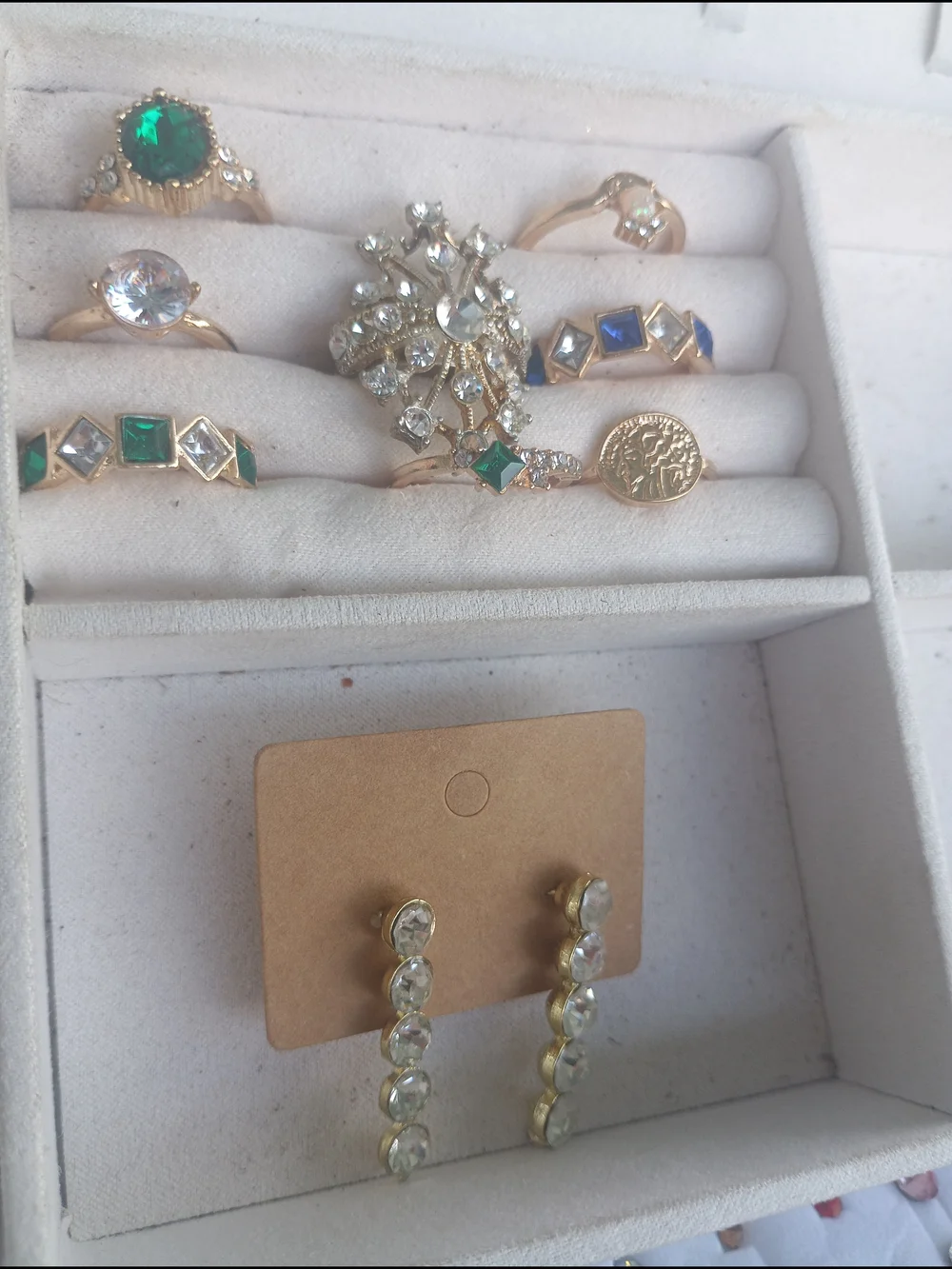 Gold-Tone Crystal Drop Earrings - Clear Crystal Rings Included